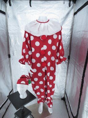 Vintage Clown Costume Jumpsuit Red White Polka Dot Adult Medium Matching Hat Set
